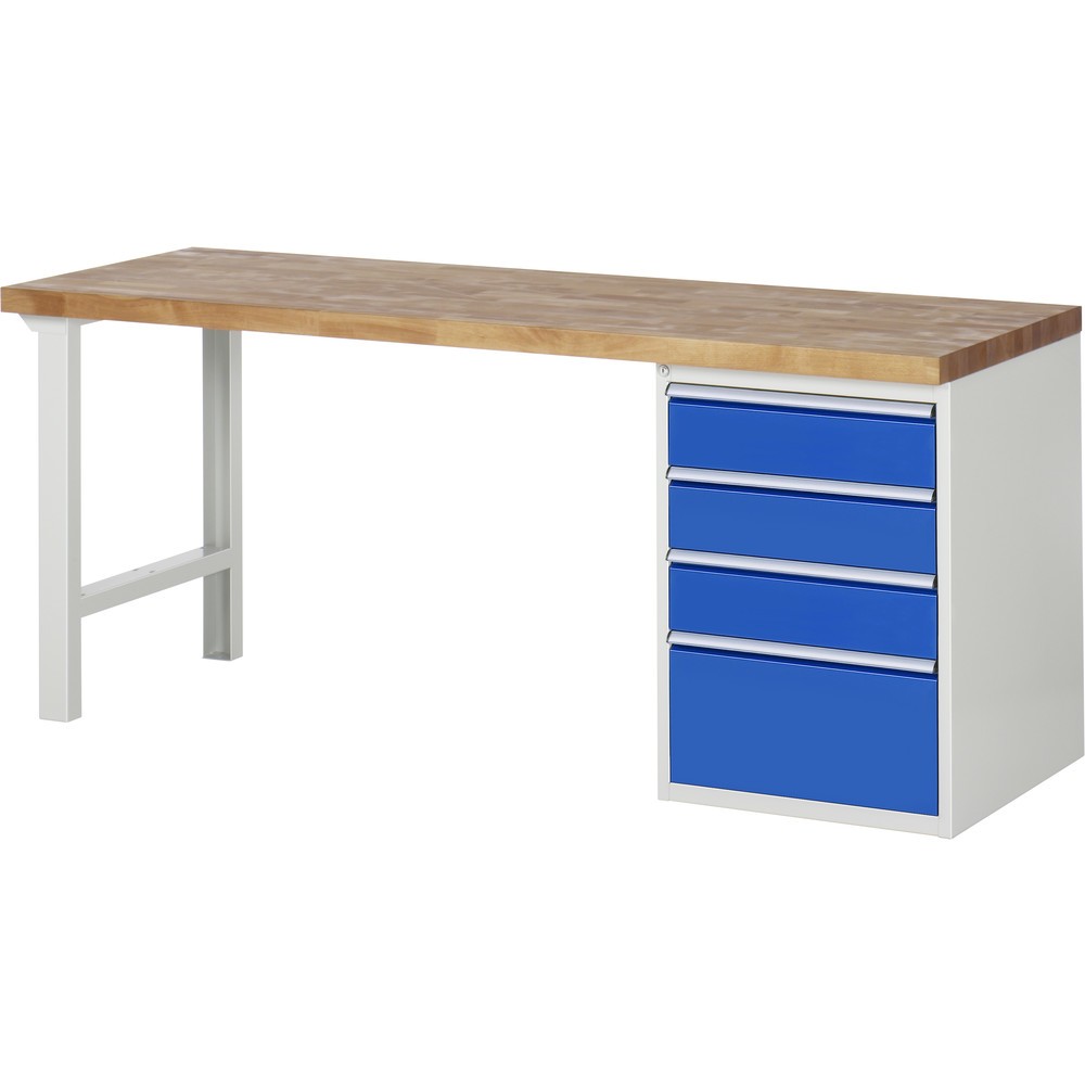 Produktabbildung: RAU Werkbank Serie 7000, 1 Container, HxBxT 890 x 2.000 x 700 mm, 4 x 90%-Auszug-Schubladen 3 x 150, 1 x 270 mm, Schubladen-TK 100 kg