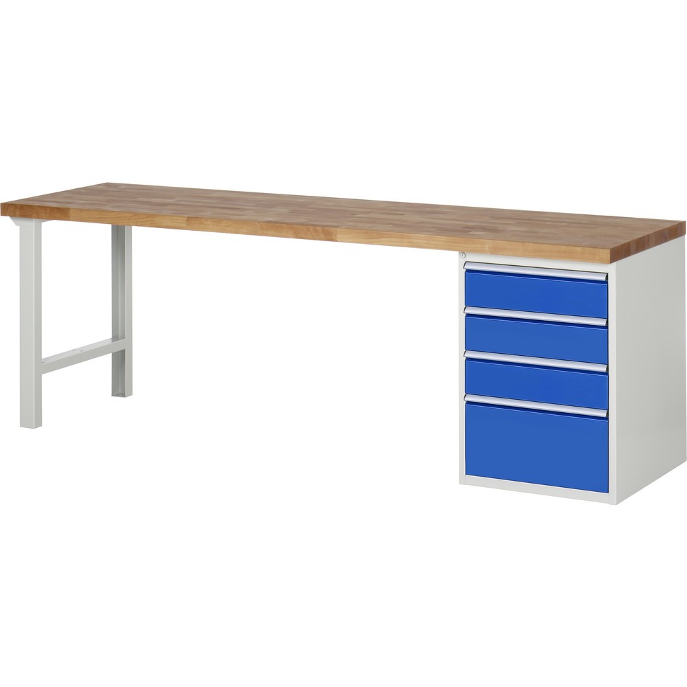 Produktabbildung: RAU Werkbank Serie 7000, 1 Container, HxBxT 890 x 2.500 x 700 mm, 4 x 90%-Auszug-Schubladen 3 x 150, 1 x 270 mm, Schubladen-TK 100 kg