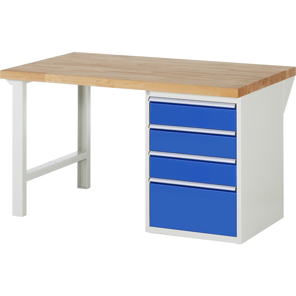 Produktabbildung: RAU Werkbank Serie 7000, 1 Container, HxBxT 890 x 1.500 x 900 mm, 4 x 90%-Auszug-Schubladen 3 x 150, 1 x 270 mm, Schubladen-TK 100 kg