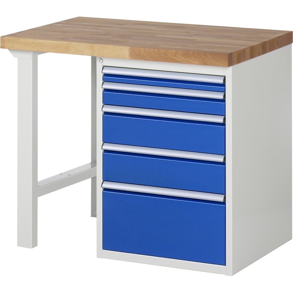 RAU Werkbank Serie 7000, 1 Container, HxBxT 840 x 1.000 x 700 mm, 5 x 90%-Auszug-Schubladen 1 x 60, 1 x 90, 2 x 150, 1 x 270 mm, Schubladen-TK 100 kg Produktabbildung Nr. 1: RAU Werkbank Serie 7000, 1 Container, HxBxT 840 x 1.000 x 700 mm, 5 x 90%-Auszug-Schubladen 1 x 60, 1 x 90, 2 x 150, 1 x 270 mm, Schubladen-TK 100 kg