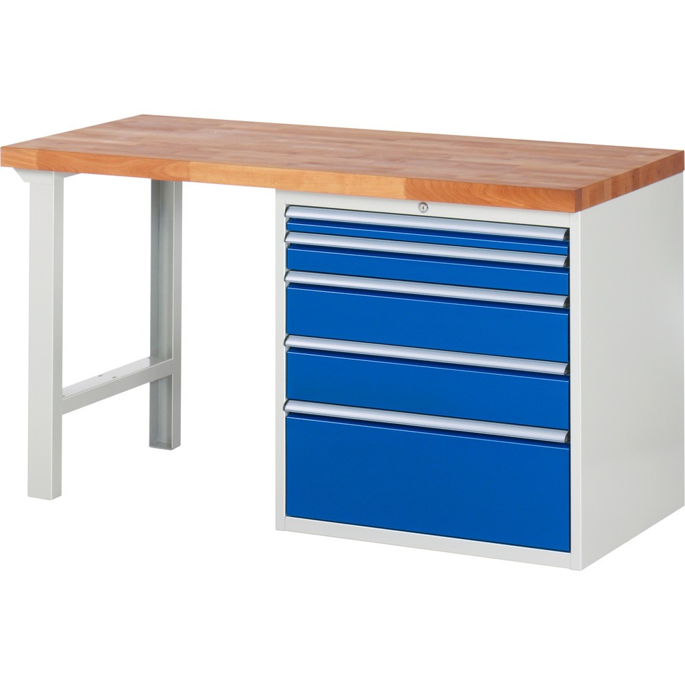 Produktabbildung Nr. 1: RAU Werkbank Serie 7000, 1 Container, HxBxT 840 x 1.500 x 700 mm, 5 x 100%-Auszug-Schubladen 1 x 60, 1 x 90, 2 x 150, 1 x 270 mm, Schubladen-TK 100 kg
