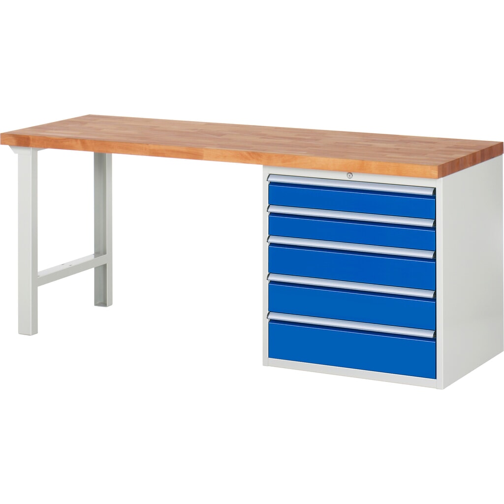 Produktabbildung: RAU Werkbank Serie 7000, 1 Container, HxBxT 840 x 2.000 x 700 mm, 5 x 90%-Auszug-Schubladen 2 x 120, 2 x 150, 1 x 180 mm, Schubladen-TK 100 kg