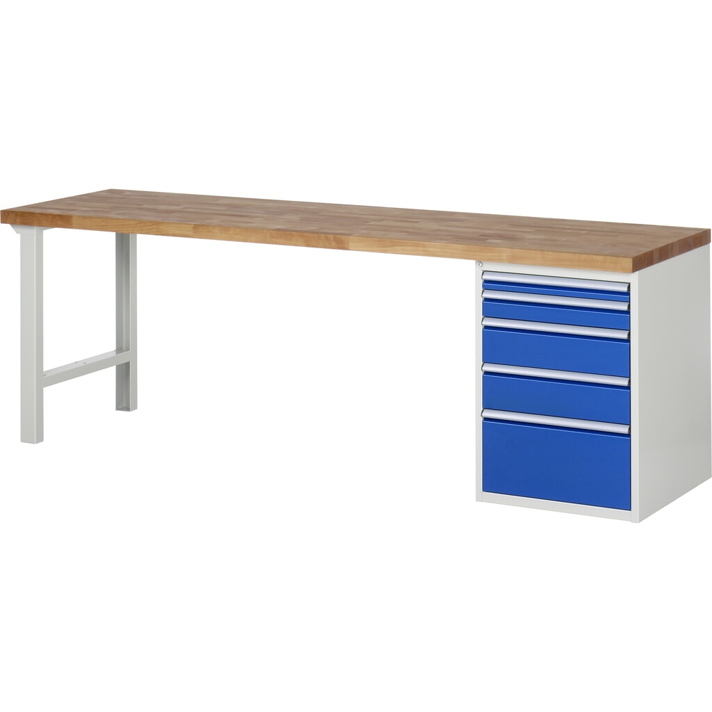 Produktabbildung: RAU Werkbank Serie 7000, 1 Container, HxBxT 890 x 2.500 x 700 mm,  5 x 90%-Auszug-Schubladen 1 x 60, 1 x 90, 2 x 150, 1 x 270 mm, Schubladen-TK 100 kg