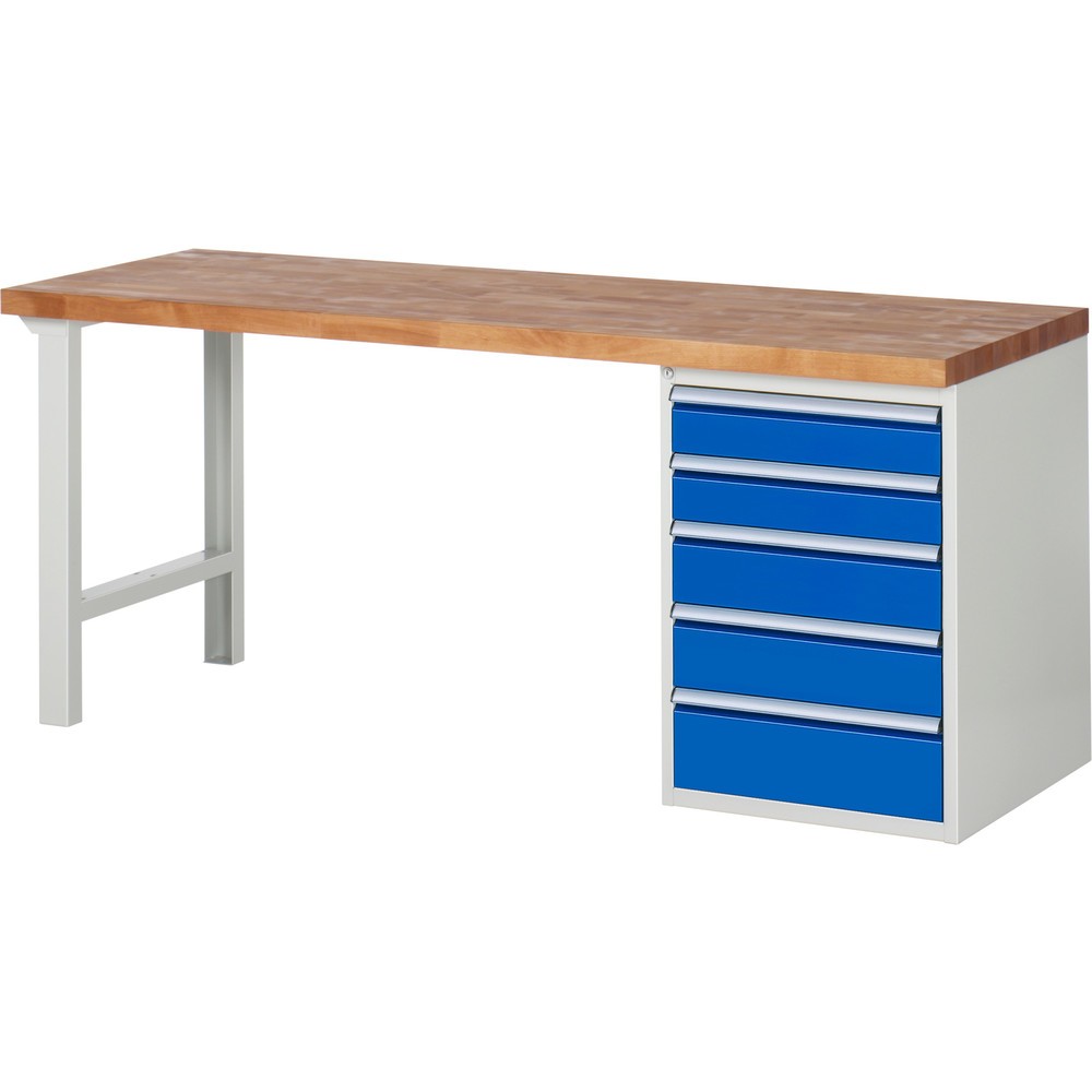 Produktabbildung Nr. 1: RAU Werkbank Serie 7000, 1 Container, HxBxT 890 x 2.000 x 700 mm, 5 x 90%-Auszug-Schubladen 2 x 120, 2 x 150, 1 x 180 mm, Schubladen-TK 100 kg
