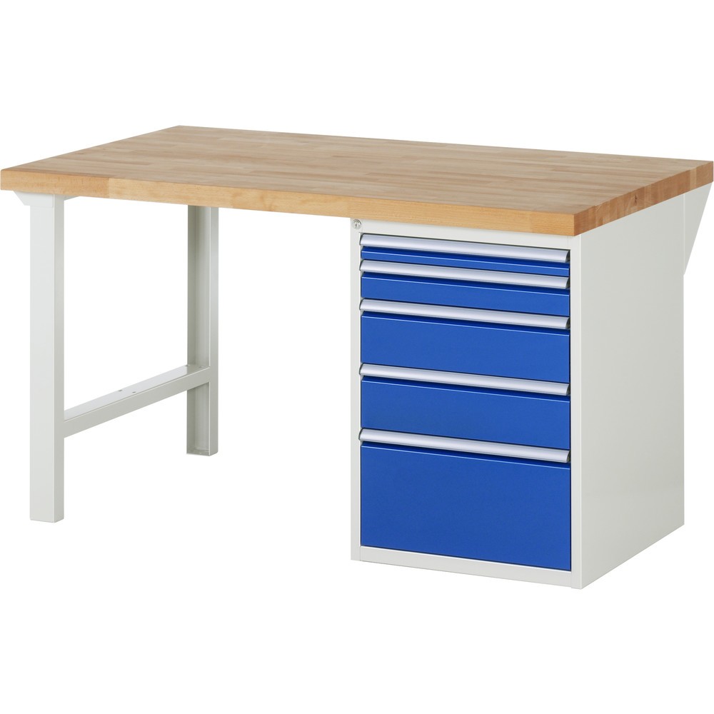 Produktabbildung: RAU Werkbank Serie 7000, 1 Container, HxBxT 890 x 1.500 x 900 mm, 5 x 90%-Auszug-Schubladen 1 x 60, 1 x 90, 2 x 150, 1 x 270 mm, Schubladen-TK 100 kg