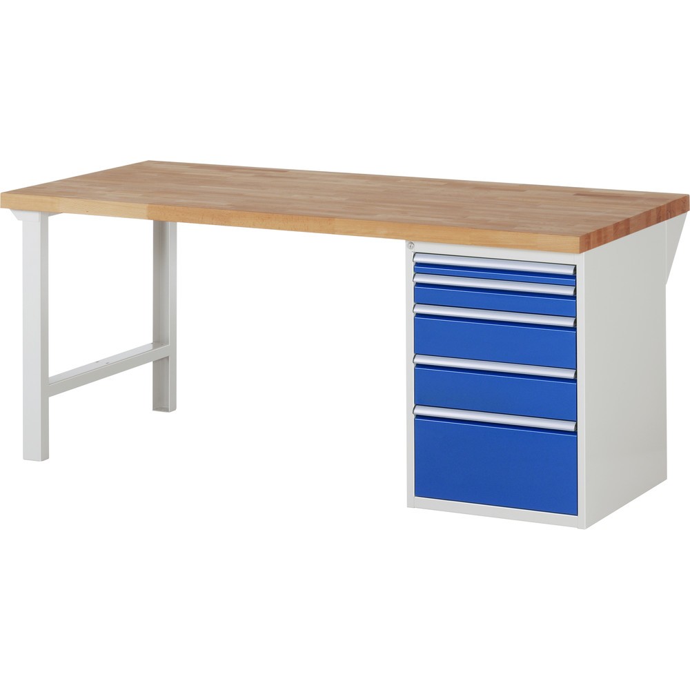 Produktabbildung: RAU Werkbank Serie 7000, 1 Container, HxBxT 890 x 2.000 x 900 mm, 5 x 90%-Auszug-Schubladen 1 x 60, 1 x 90, 2 x 150, 1 x 270 mm, Schubladen-TK 100 kg