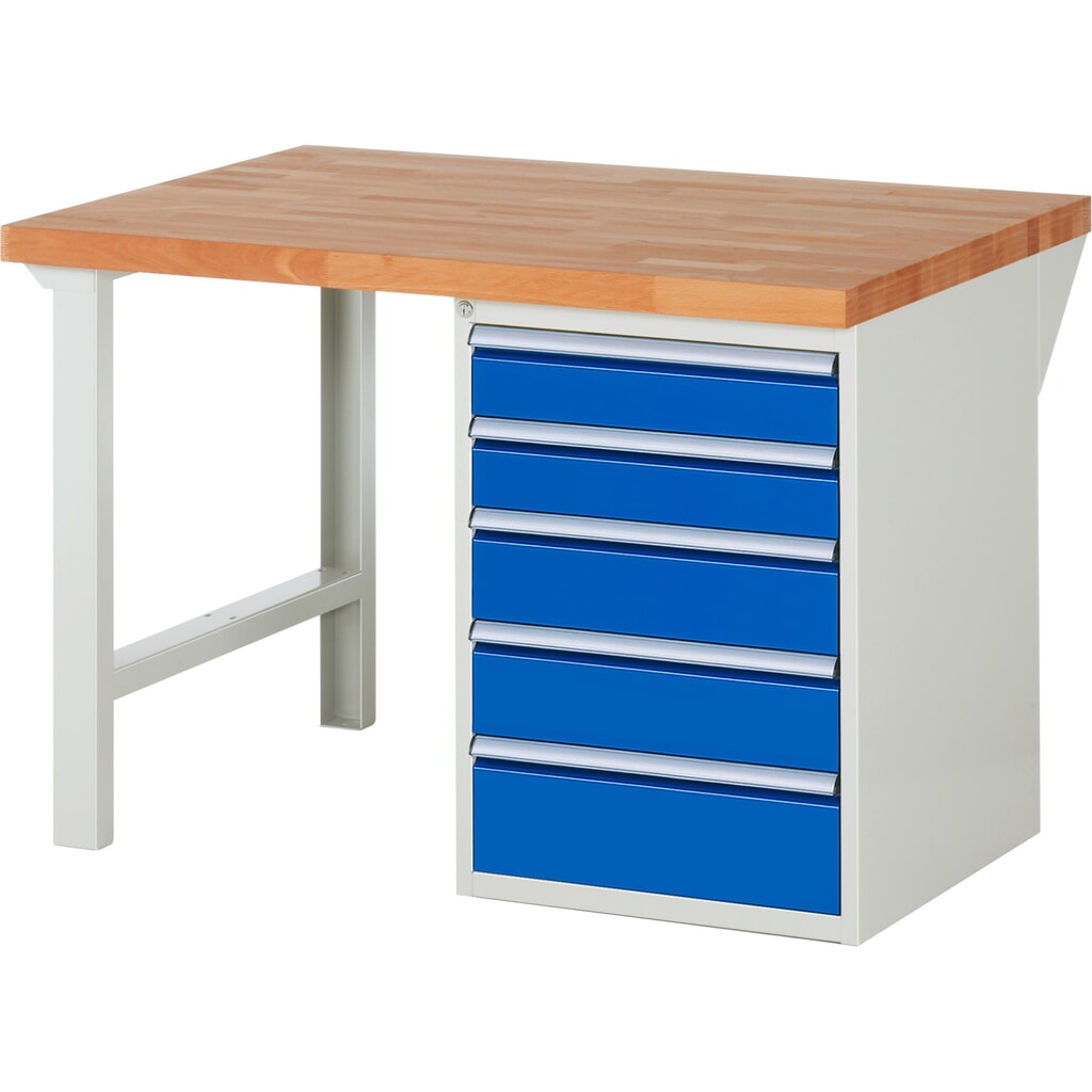 Produktabbildung: RAU Werkbank Serie 7000, 1 Container, HxBxT 890 x 1.250 x 900 mm, 5 x 90%-Auszug-Schubladen 2 x 120, 2 x 150, 1 x 180 mm, Schubladen-TK 100 kg