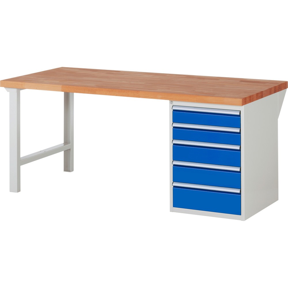 Produktabbildung Nr. 1: RAU Werkbank Serie 7000, 1 Container, HxBxT 840 x 2.000 x 900 mm, 5 x 100%-Auszug-Schubladen 2 x 120, 2 x 150, 1 x 180 mm, Schubladen-TK 100 kg