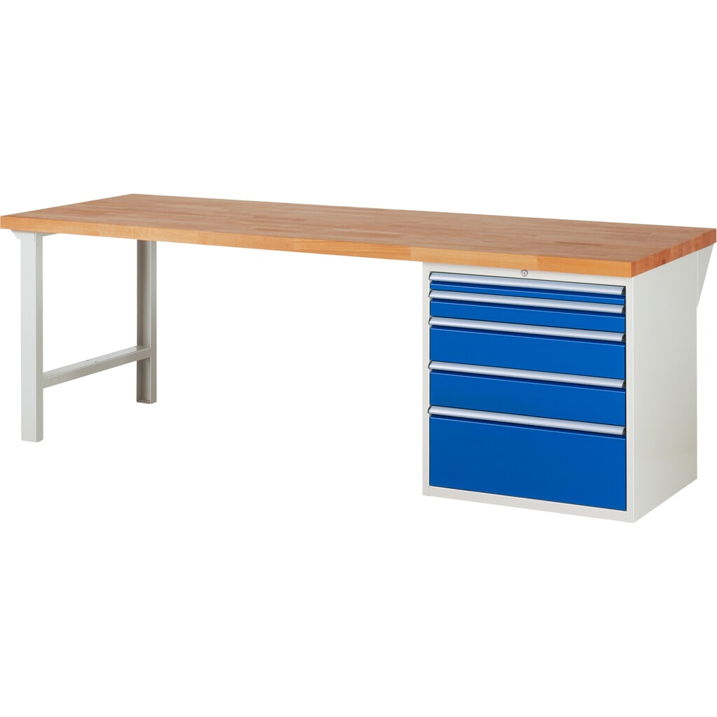 RAU Werkbank Serie 7000, 1 Container, HxBxT 840 x 2.500 x 900 mm, 5 x 100%-Auszug-Schubladen 1 x 60, 1 x 90, 2 x 150, 1 x 270 mm, Schubladen-TK 100 kg Produktabbildung: RAU Werkbank Serie 7000, 1 Container, HxBxT 840 x 2.500 x 900 mm, 5 x 100%-Auszug-Schubladen 1 x 60, 1 x 90, 2 x 150, 1 x 270 mm, Schubladen-TK 100 kg