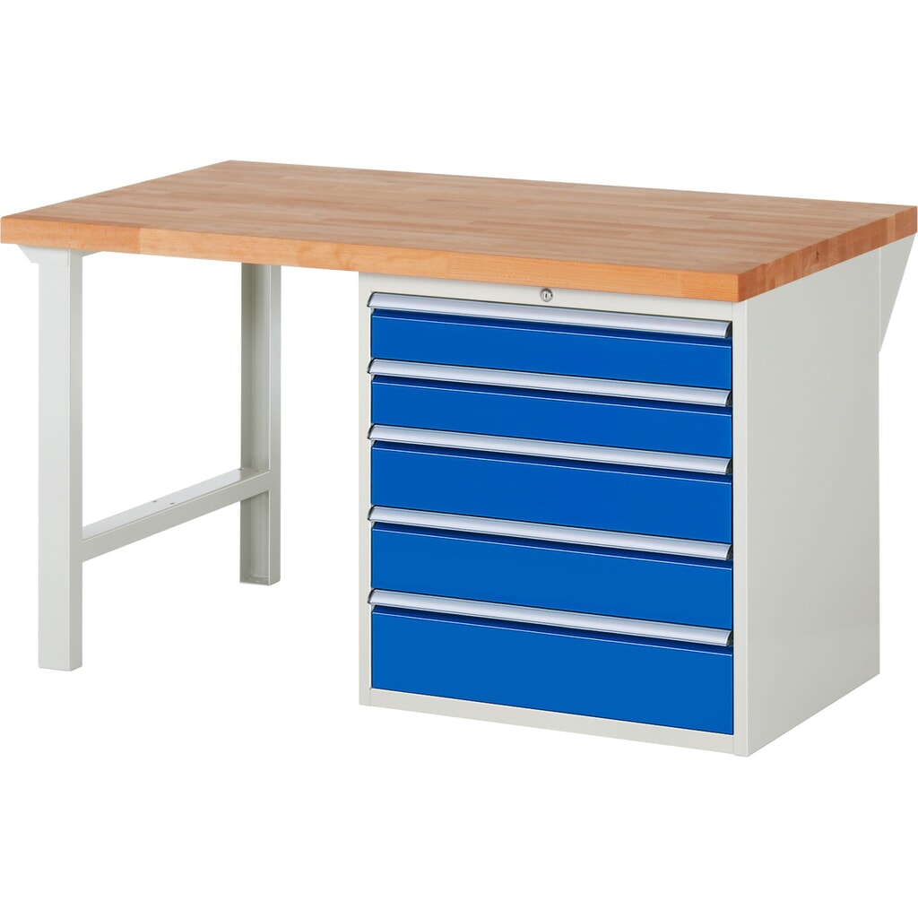 RAU Werkbank Serie 7000, 1 Container, HxBxT 890 x 1.500 x 900 mm, 5 x 90%-Auszug-Schubladen 2 x 120, 2 x 150, 1 x 180 mm, Schubladen-TK 75 kg Produktabbildung: RAU Werkbank Serie 7000, 1 Container, HxBxT 890 x 1.500 x 900 mm, 5 x 90%-Auszug-Schubladen 2 x 120, 2 x 150, 1 x 180 mm, Schubladen-TK 75 kg