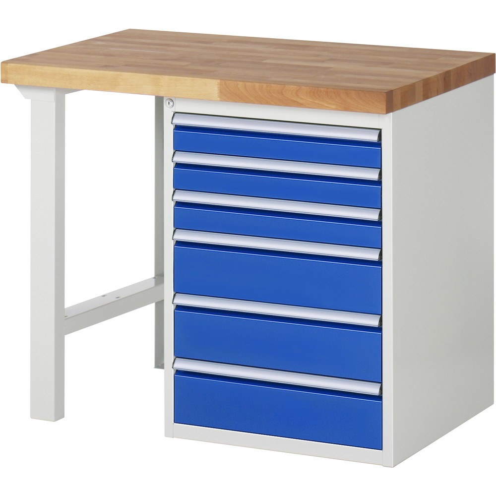Produktabbildung: RAU Werkbank Serie 7000, 1 Container, HxBxT 890 x 1.000 x 700 mm, 6 x 100%-Auszug-Schubladen 3 x 90, 3 x 150 mm, Schubladen-TK 100 kg