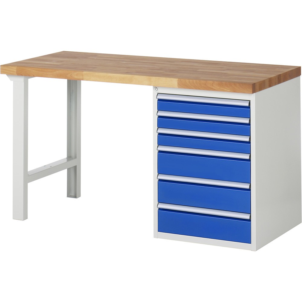 Produktabbildung: RAU Werkbank Serie 7000, 1 Container, HxBxT 890 x 1.500 x 700 mm, 6 x 90%-Auszug-Schubladen 3 x 90, 3 x 150 mm, Schubladen-TK 100 kg