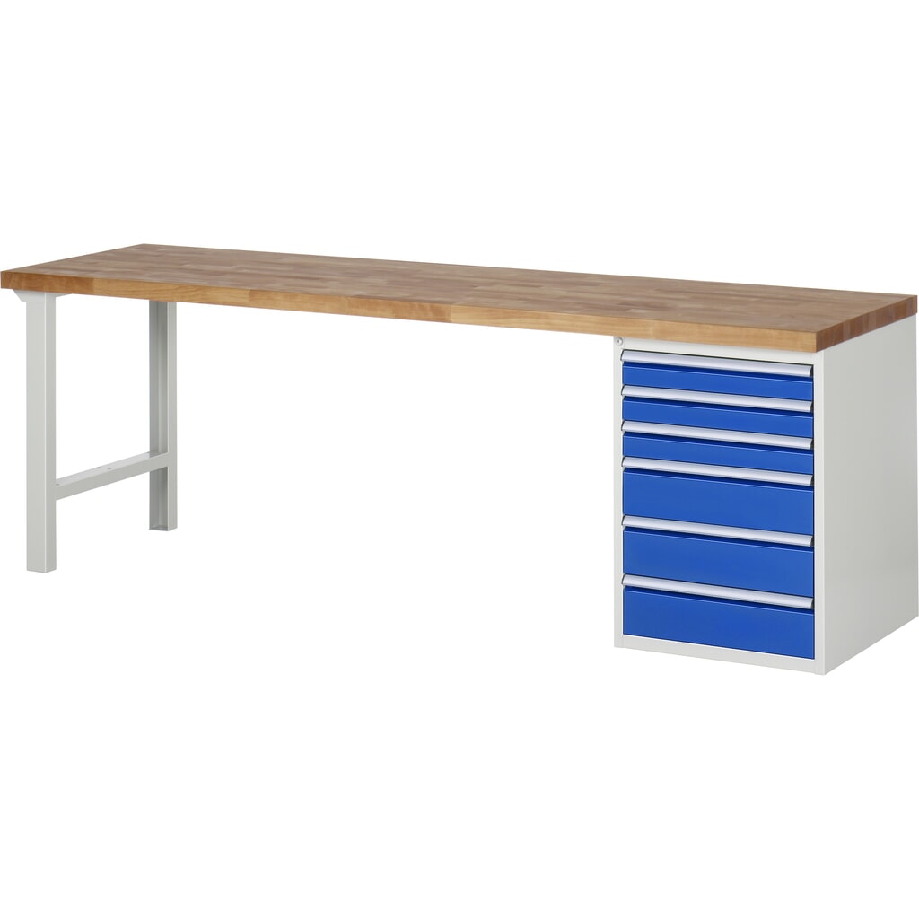 Produktabbildung: RAU Werkbank Serie 7000, 1 Container, HxBxT 840 x 2.500 x 700 mm, 6 x 100%-Auszug-Schubladen 3 x 90, 3 x 150 mm, Schubladen-TK 100 kg