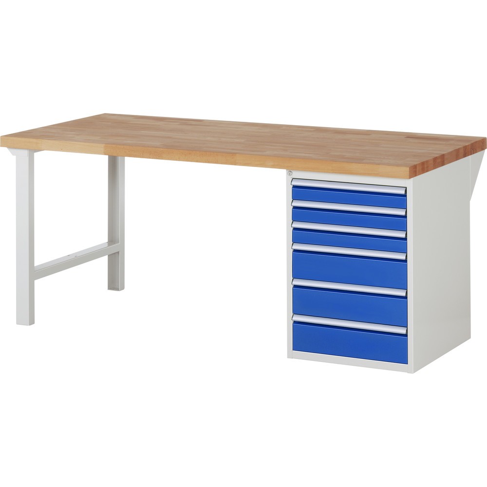 Produktabbildung: RAU Werkbank Serie 7000, 1 Container, HxBxT 890 x 2.000 x 900 mm, 6 x 90%-Auszug-Schubladen 3 x 90, 3 x 150 mm, Schubladen-TK 100 kg