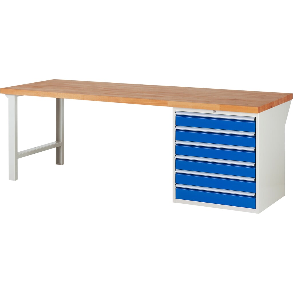 Produktabbildung: RAU Werkbank Serie 7000, 1 Container, HxBxT 840 x 2.500 x 900 mm, 6 x 100%-Auszug-Schubladen 6 x 120 mm, Schubladen-TK 100 kg