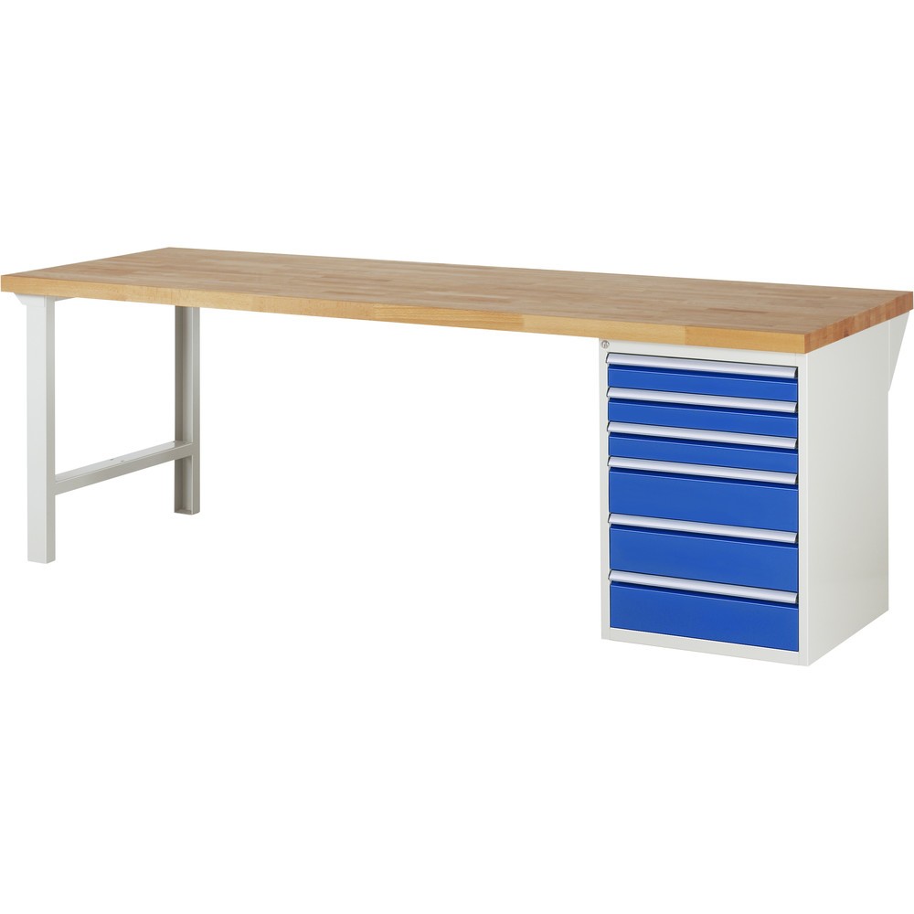 Produktabbildung: RAU Werkbank Serie 7000, 1 Container, HxBxT 890 x 2.500 x 900 mm, 6 x 90%-Auszug-Schubladen 3 x 90, 3 x 150 mm, Schubladen-TK 100 kg