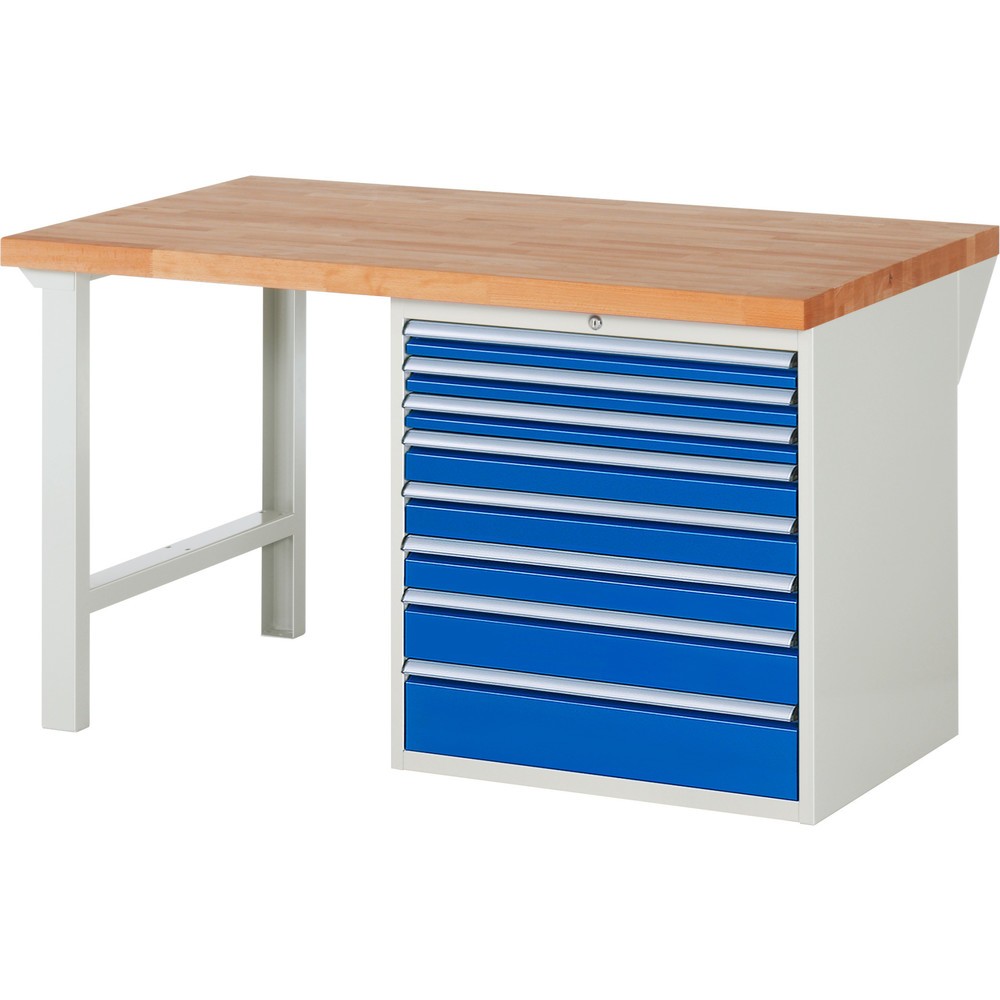 Produktabbildung: RAU Werkbank Serie 7000, 1 Container, HxBxT 890 x 1.500 x 900 mm, 8 x 90%-Auszug-Schubladen, Schubladen-TK 75 kg