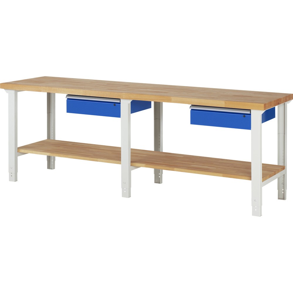 Produktabbildung: RAU Werkbank Serie 7000, HxBxT 790-1.140 x 2.500 x 700 mm, 1 Ablageboden, 2 Schubladen, ErgoScript