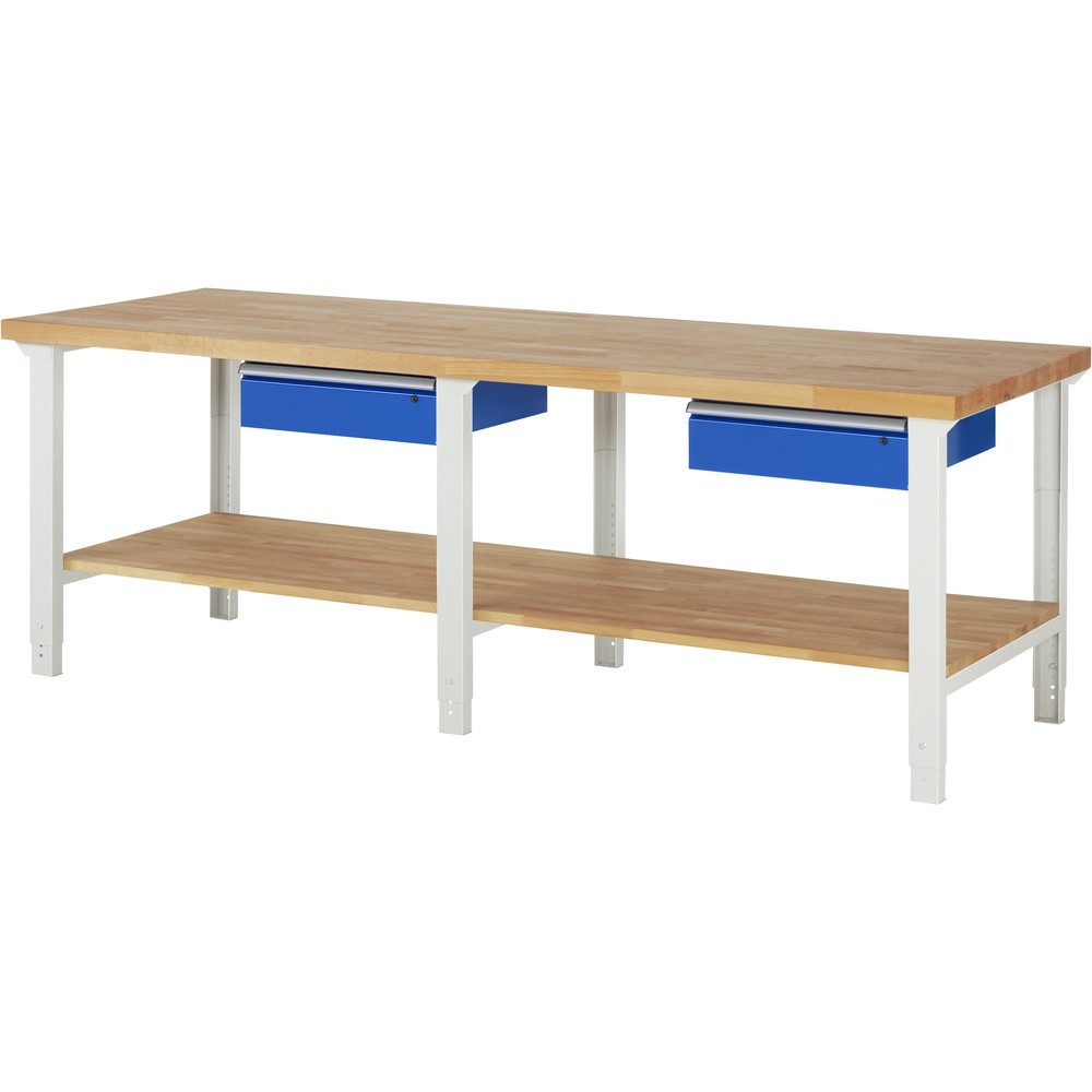 Produktabbildung: RAU Werkbank Serie 7000, HxBxT 790-1.140 x 2.500 x 900 mm, 1 Ablageboden, 2 Schubladen, ErgoScript