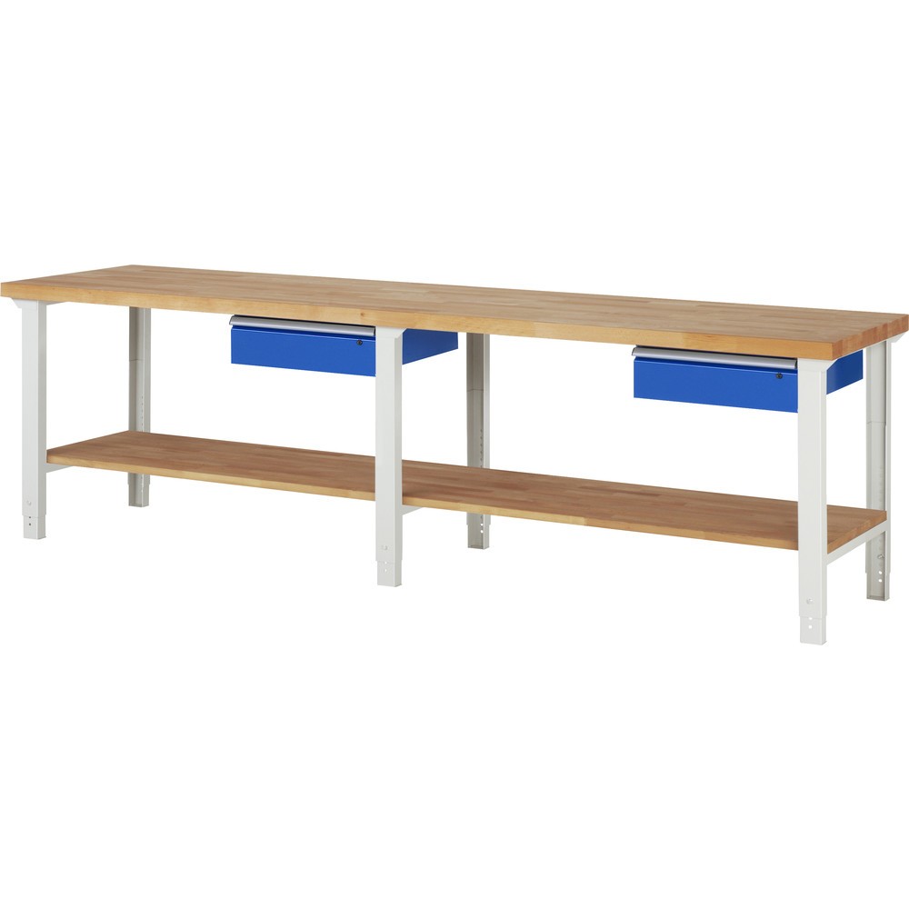 Produktabbildung: RAU Werkbank Serie 7000, HxBxT 790-1.140 x 3.000 x 700 mm, 1 Ablageboden, 2 Schubladen, ErgoScript