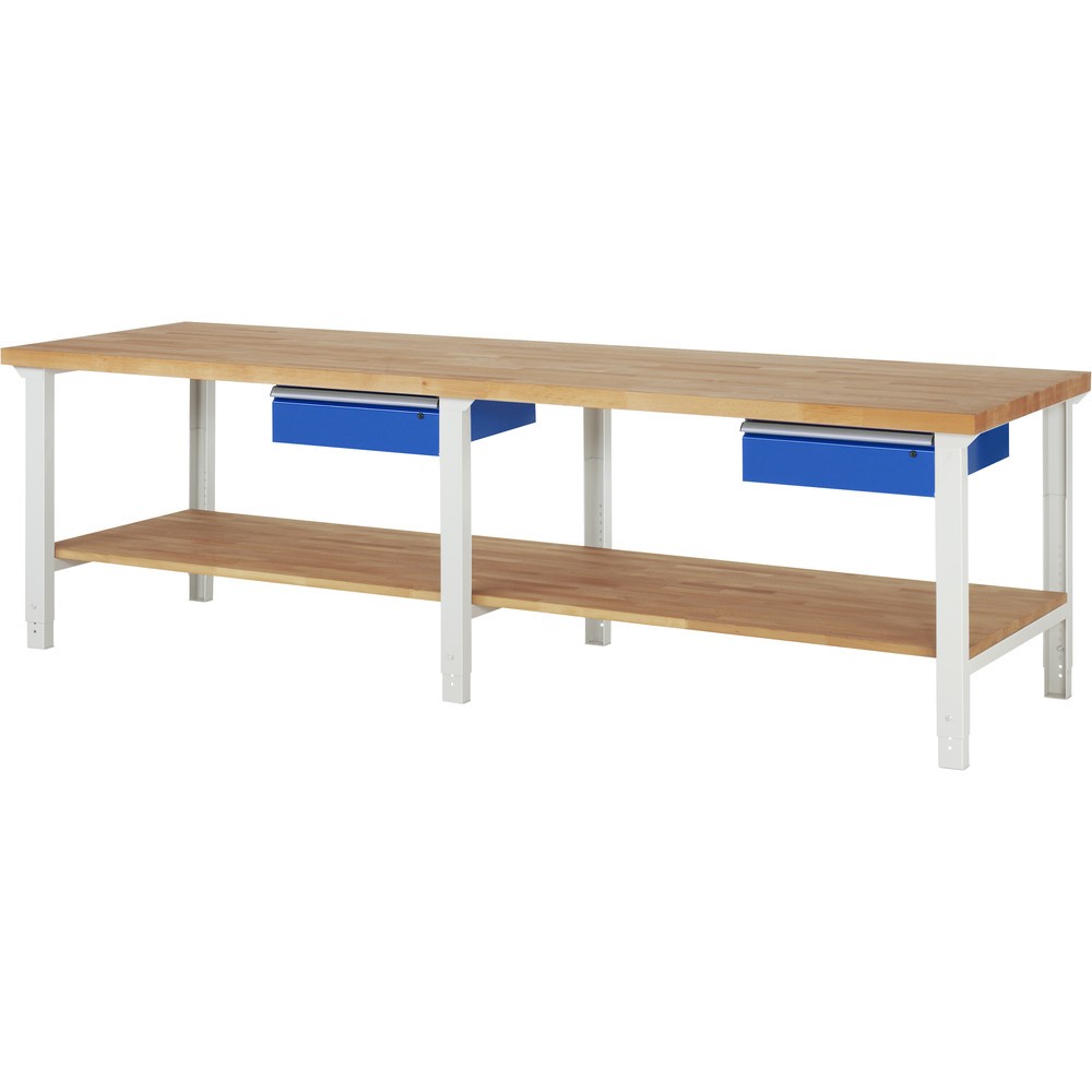 Produktabbildung: RAU Werkbank Serie 7000, HxBxT 790-1.140 x 3.000 x 900 mm, 1 Ablageboden, 2 Schubladen, ErgoScript