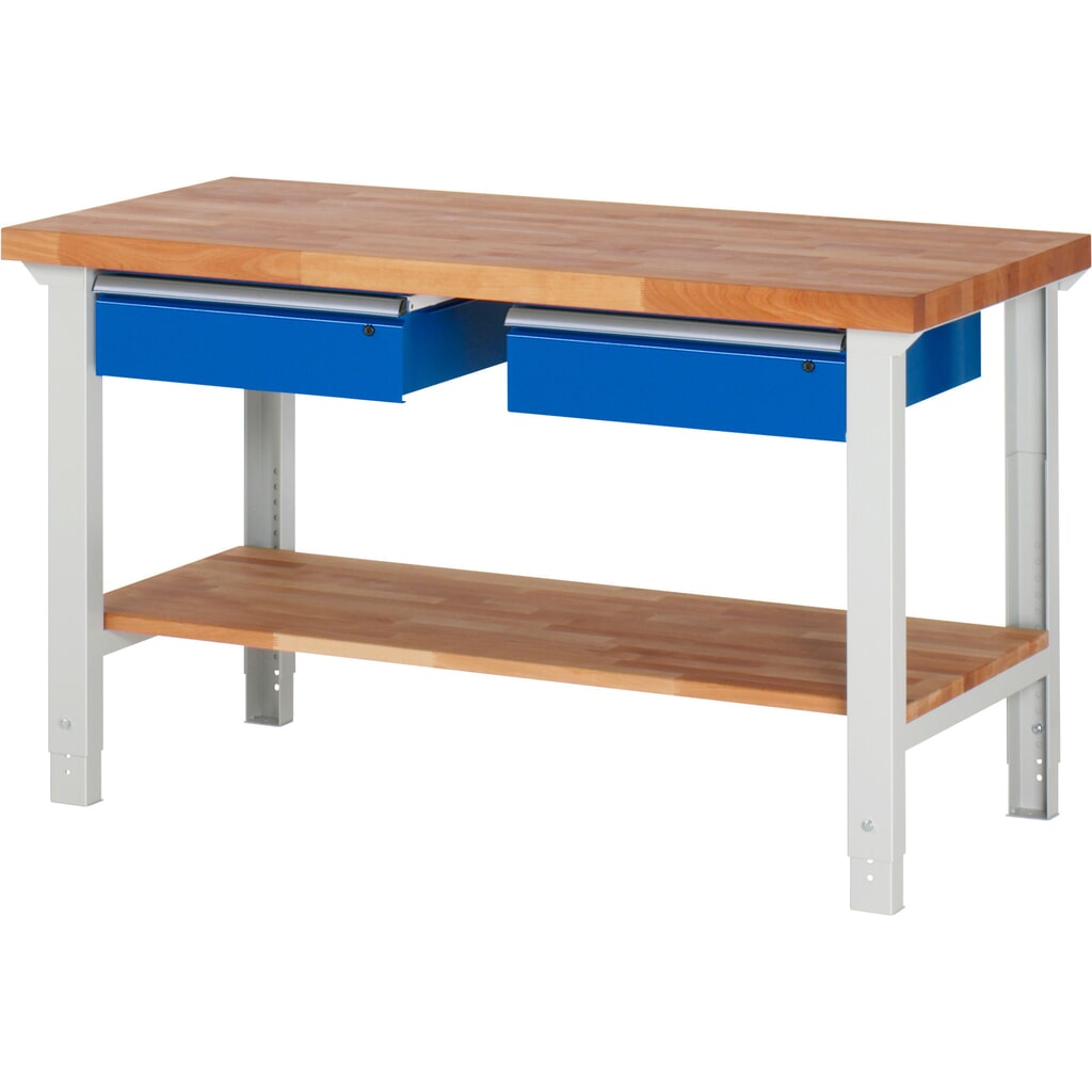 Produktabbildung: RAU Werkbank Serie 7000, HxBxT 790-1.140 x 1.500 x 700 mm, 1 Ablageboden, 2 Schubladen, ErgoScript