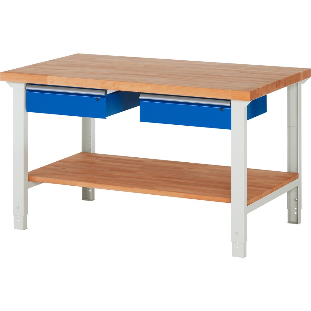Produktabbildung Nr. 1: RAU Werkbank Serie 7000, HxBxT 790-1.140 x 1.500 x 900 mm, 1 Ablageboden, 2 Schubladen, ErgoScript