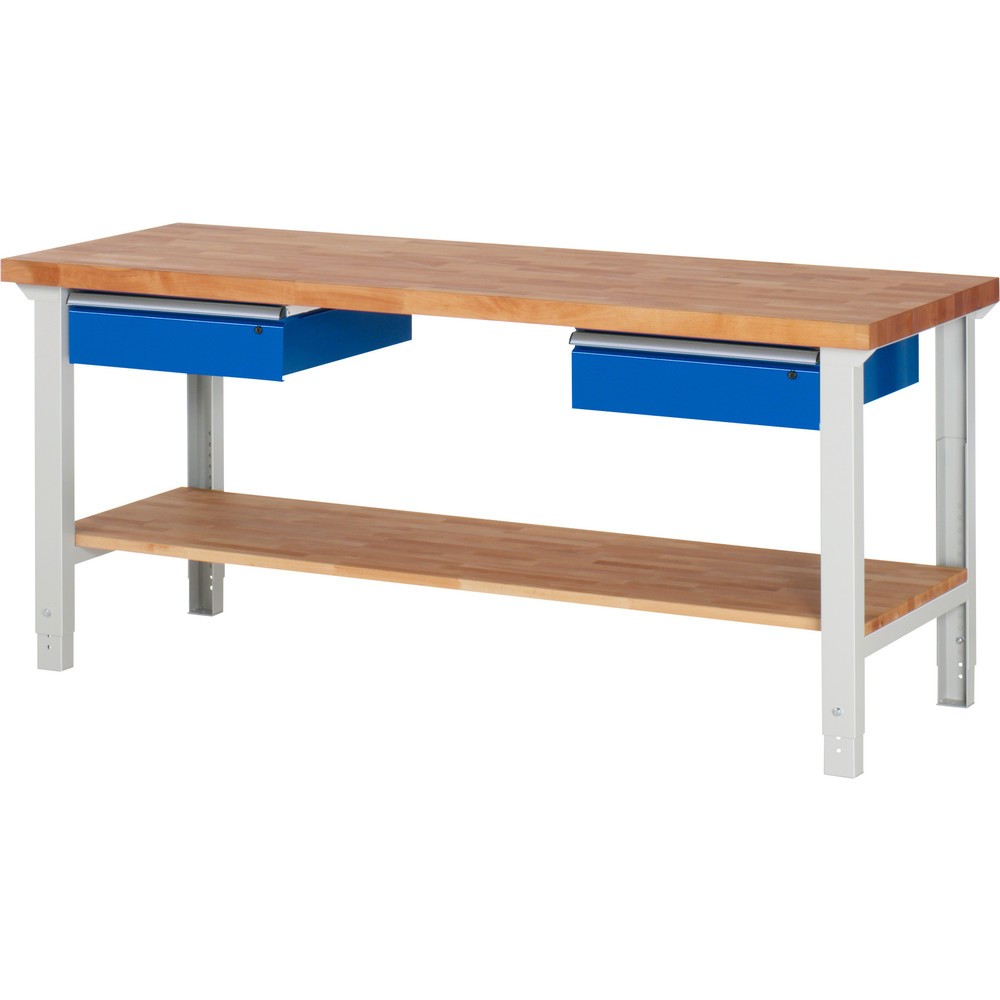 Produktabbildung: RAU Werkbank Serie 7000, HxBxT 790-1.140 x 2.000 x 700 mm, 1 Ablageboden, 2 Schubladen, ErgoScript