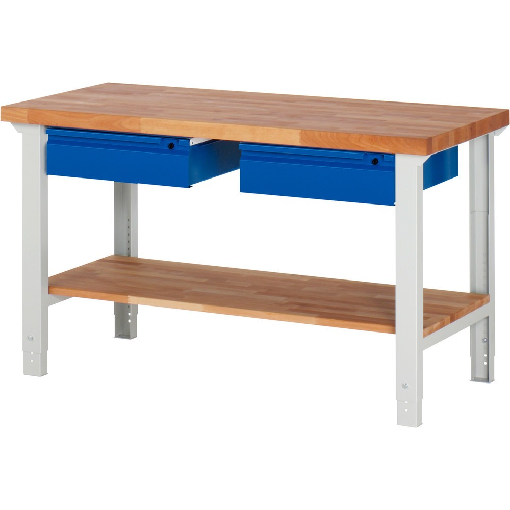 Produktabbildung Nr. 1: RAU Werkbank Serie 7000, HxBxT 790-1.140 x 1.500 x 700 mm, 1 Ablageboden, 2 Schubladen, integrierte Griffleiste