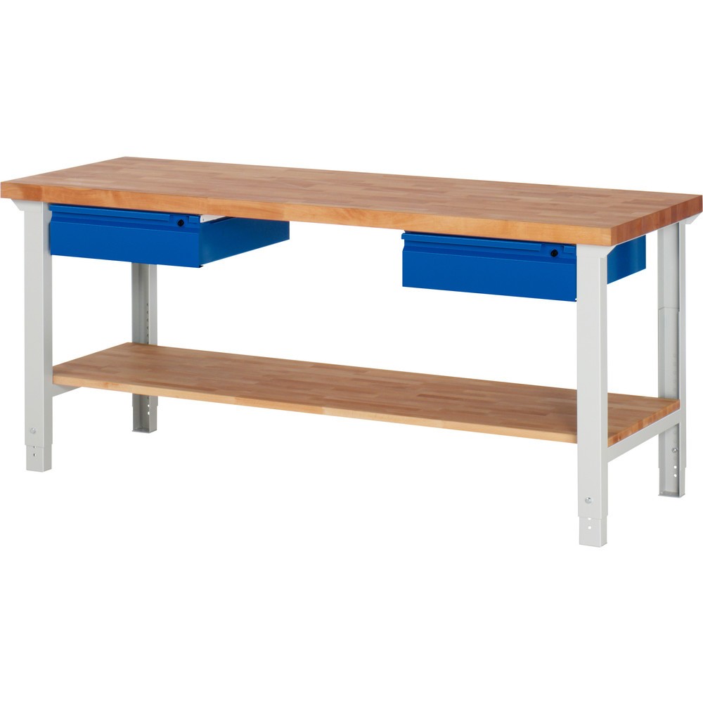 Produktabbildung Nr. 1: RAU Werkbank Serie 7000, HxBxT 790-1.140 x 2.000 x 700 mm, 1 Ablageboden, 2 Schubladen, integrierte Griffleiste