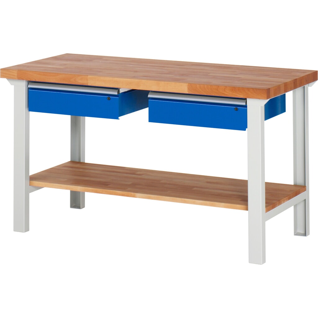RAU Werkbank Serie 7000, 1 Buche-Massiv-Ablageboden, HxBxT 840 x 1.500 x 700 mm, 2 Schubladen 2 x 150 mm Produktabbildung: RAU Werkbank Serie 7000, 1 Buche-Massiv-Ablageboden, HxBxT 840 x 1.500 x 700 mm, 2 Schubladen 2 x 150 mm