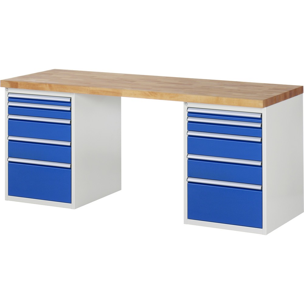 Produktabbildung: RAU Werkbank Serie 7000, 2 Container, HxBxT 890 x 2.000 x 700 mm, 10 x 90%-Auszug-Schubladen 2 x 60, 2 x 90, 4 x 150, 2 x 270 mm