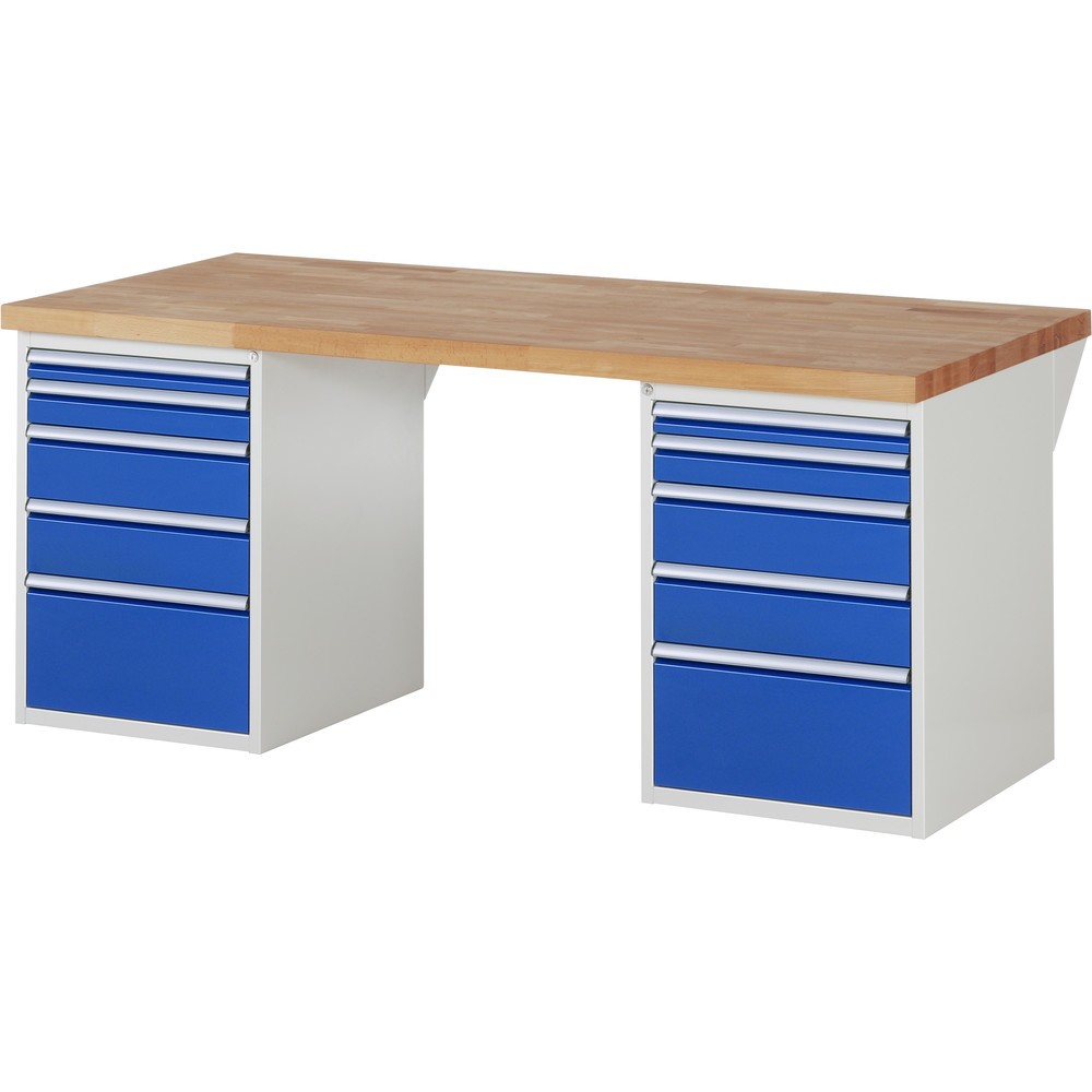 Produktabbildung: RAU Werkbank Serie 7000, 2 Container, HxBxT 890 x 2.000 x 900 mm, 10 x 90%-Auszug-Schubladen 2 x 60, 2 x 90, 4 x 150, 2 x 270 mm