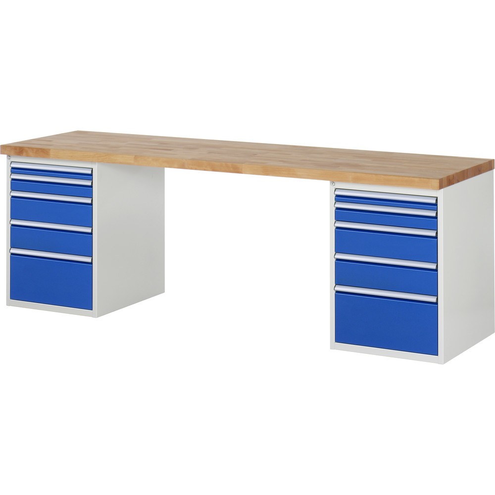 Produktabbildung: RAU Werkbank Serie 7000, 2 Container, HxBxT 890 x 2.500 x 700 mm, 10 x 90%-Auszug-Schubladen 2 x 60, 2 x 90, 4 x 150, 2 x 270 mm