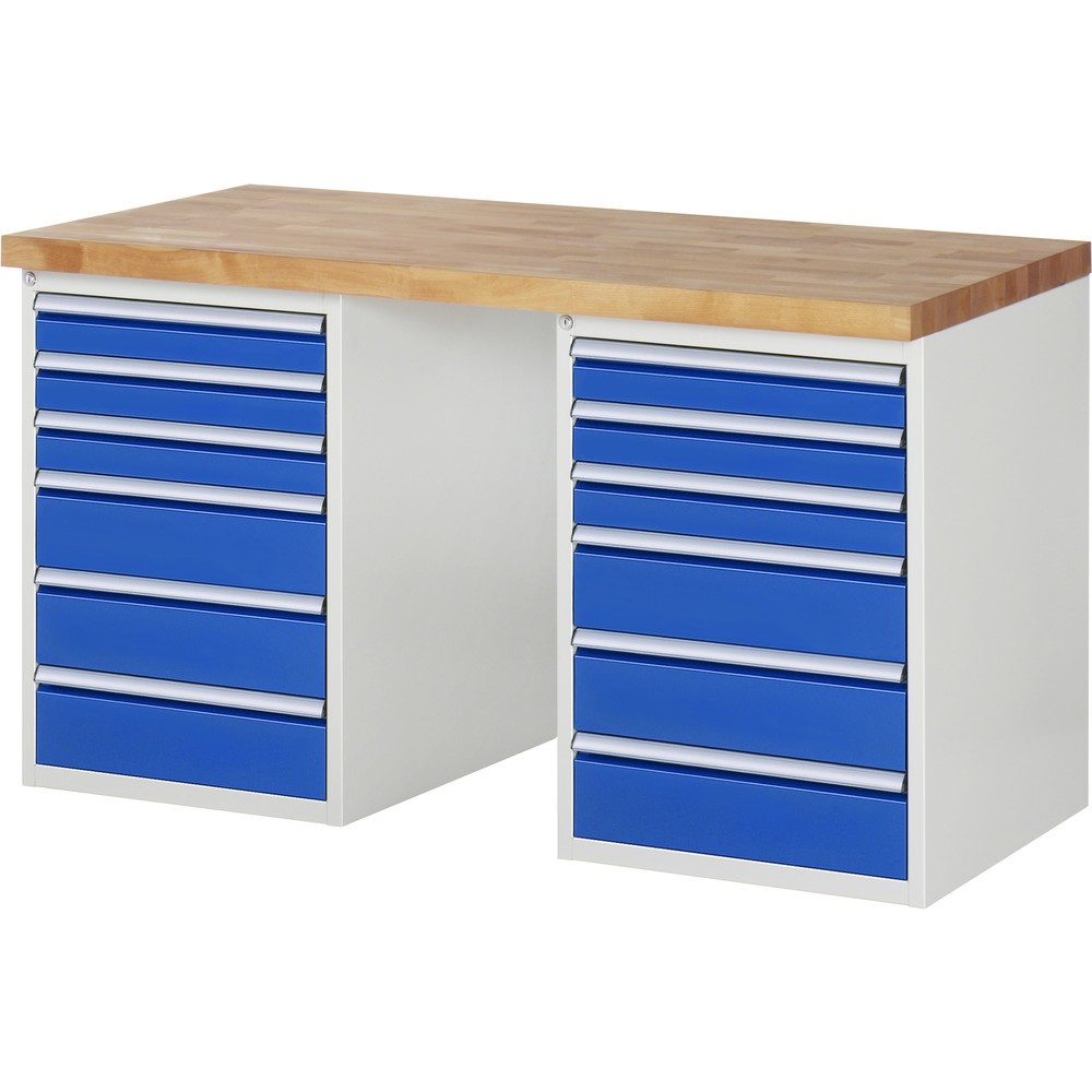 Produktabbildung: RAU Werkbank Serie 7000, 2 Container, HxBxT 890 x 1.500 x 700 mm, 12 x 90%-Auszug-Schubladen 6 x 90 mm, 6 x 150 mm