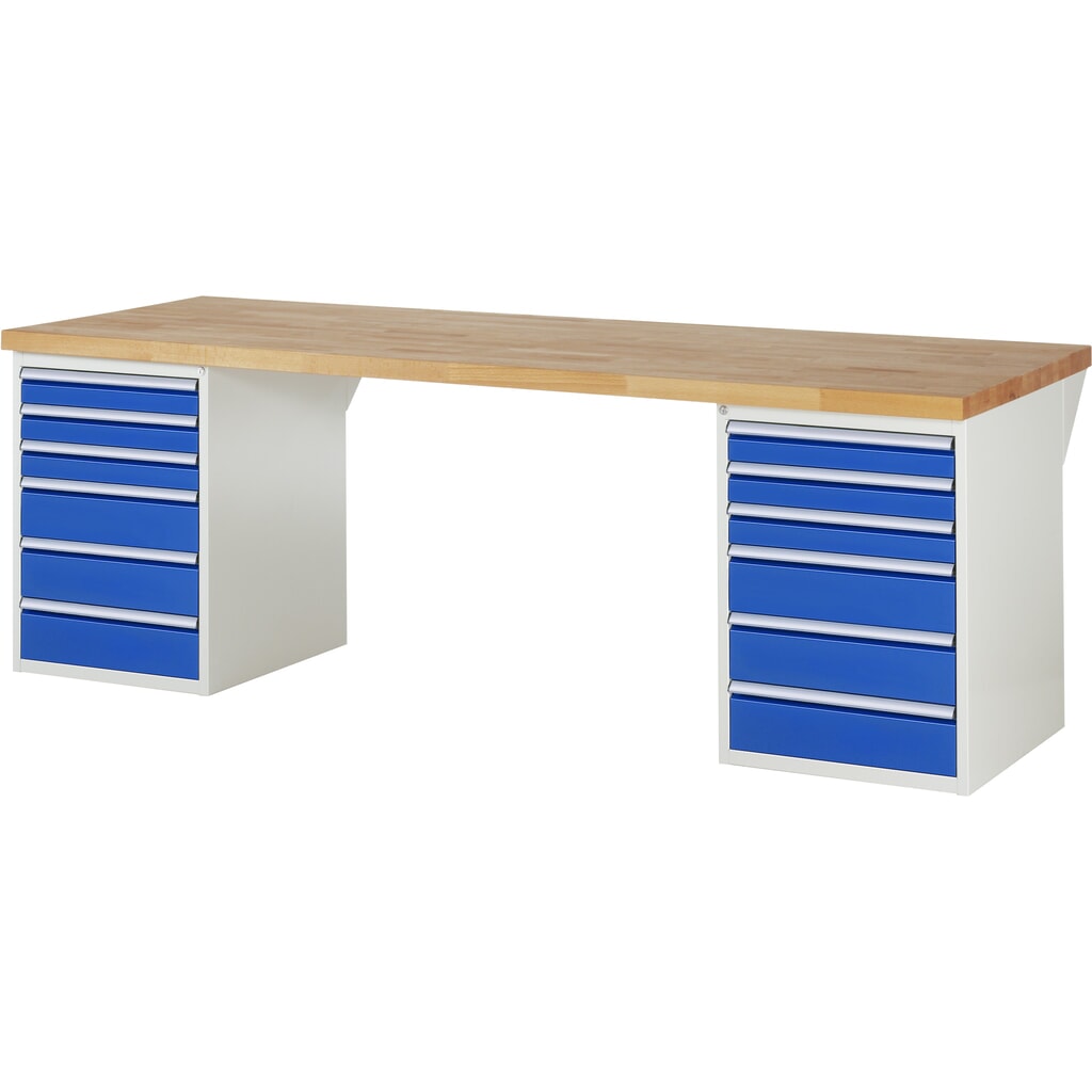 Produktabbildung: RAU Werkbank Serie 7000, 2 Container, HxBxT 890 x 2.500 x 900 mm, 12 x 90%-Auszug-Schubladen 6 x 90 mm, 6 x 150 mm
