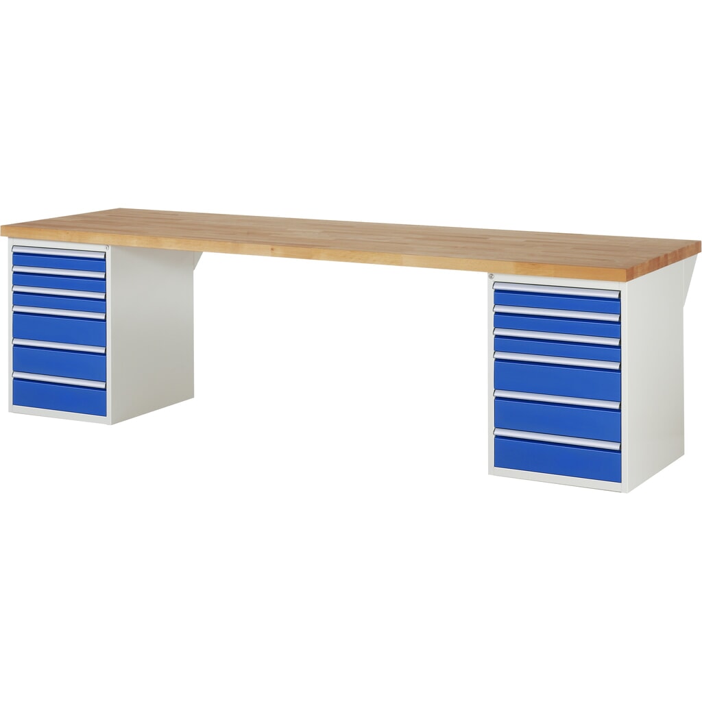 RAU Werkbank Serie 7000, 2 Container, HxBxT 890 x 3.000 x 900 mm, 12 x 90%-Auszug-Schubladen 6 x 90 mm, 6 x 150 mm Produktabbildung: RAU Werkbank Serie 7000, 2 Container, HxBxT 890 x 3.000 x 900 mm, 12 x 90%-Auszug-Schubladen 6 x 90 mm, 6 x 150 mm