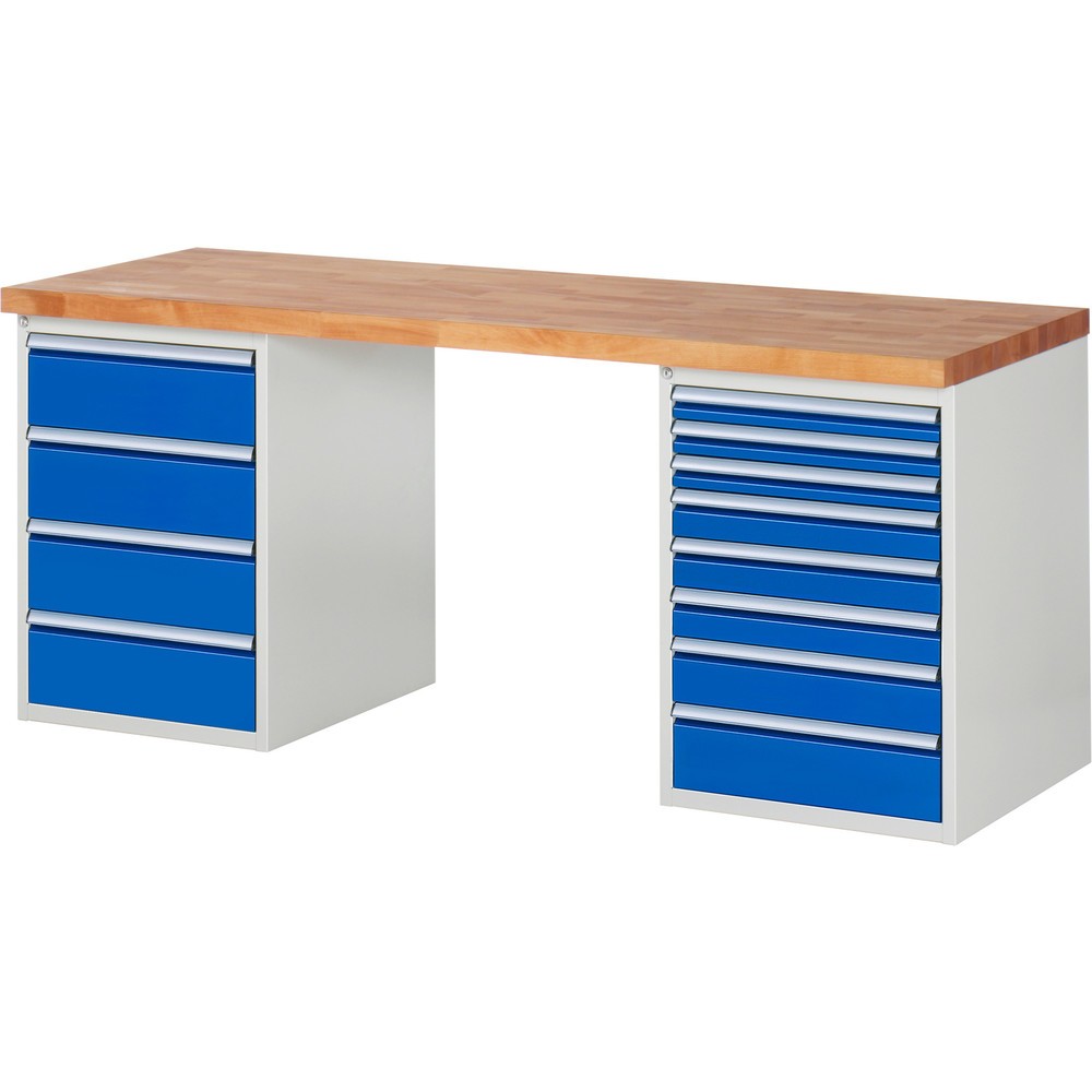 Produktabbildung: RAU Werkbank Serie 7000, 2 Container, HxBxT 890 x 2.000 x 700 mm, 12 x 90%-Auszug-Schubladen 3 x 60 mm, 3 x 90 mm, 1 x 120 mm, 1 x 150 mm, 4 x 180 mm