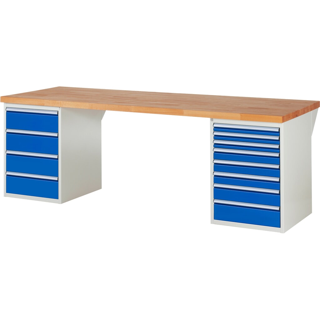 RAU Werkbank Serie 7000, 2 Container, HxBxT 840 x 2.500 x 900 mm, 12 x 100%-Auszug-Schubladen 3 x 60 mm, 3 x 90 mm, 1 x 120 mm, 1 x 150 mm, 4 x 180 mm Produktabbildung: RAU Werkbank Serie 7000, 2 Container, HxBxT 840 x 2.500 x 900 mm, 12 x 100%-Auszug-Schubladen 3 x 60 mm, 3 x 90 mm, 1 x 120 mm, 1 x 150 mm, 4 x 180 mm