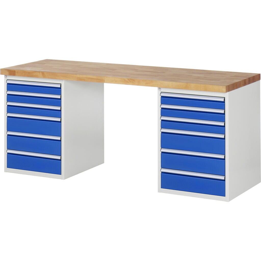 RAU Werkbank Serie 7000, 2 Container, HxBxT 890 x 2.000 x 700 mm, 12 x 90%-Auszug-Schubladen 6 x 90 mm, 6 x 150 mm Produktabbildung: RAU Werkbank Serie 7000, 2 Container, HxBxT 890 x 2.000 x 700 mm, 12 x 90%-Auszug-Schubladen 6 x 90 mm, 6 x 150 mm