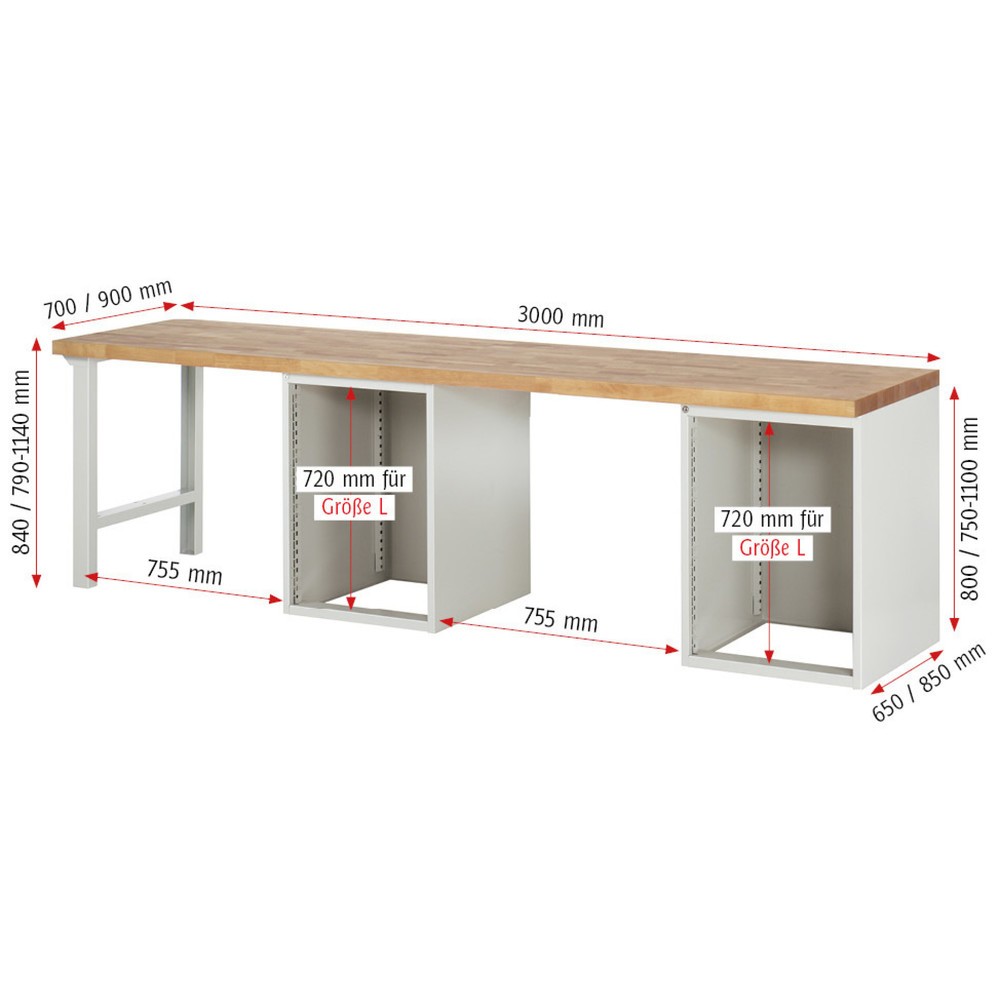 Produktabbildung Nr. 5: RAU Werkbank Serie 7000, 2 Container, HxBxT 890 x 3.000 x 700 mm, 10 x 90%-Auszug-Schubladen 4 x 120, 4 x 150, 2 x 180 mm