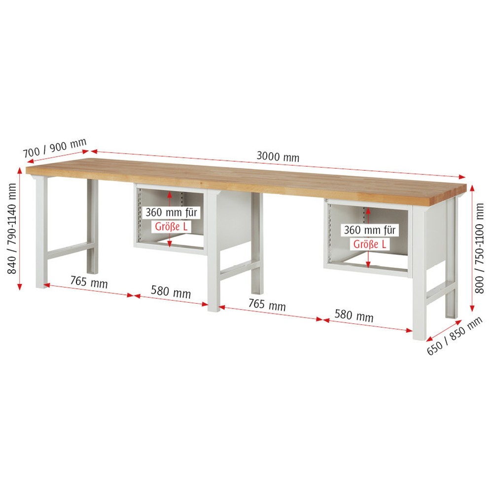 Produktabbildung Nr. 4: RAU Werkbank Serie 7000, TK 750 kg, 2 Container, HxBxT 840 x 3.000 x 700 mm, 6 x 90%-Auszug-Schubladen 6 x 120 mm