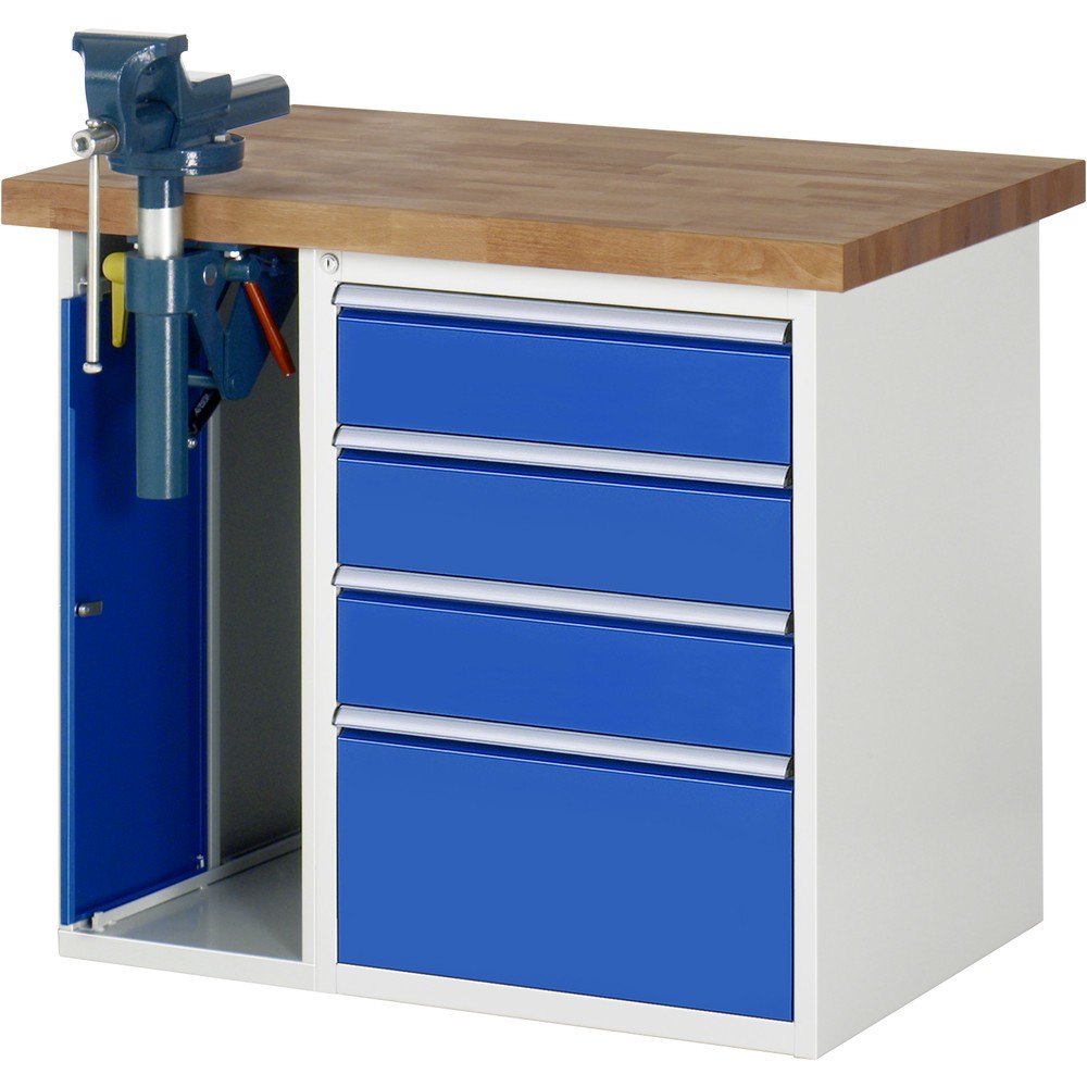 Produktabbildung: RAU Werkbank Serie 7000, 2 Container, SchraubstockHxBxT 890 x 1.000 x 700 mm,  4 x 90%-Auszug-Schubladen, Schubladen-TK 100 kg