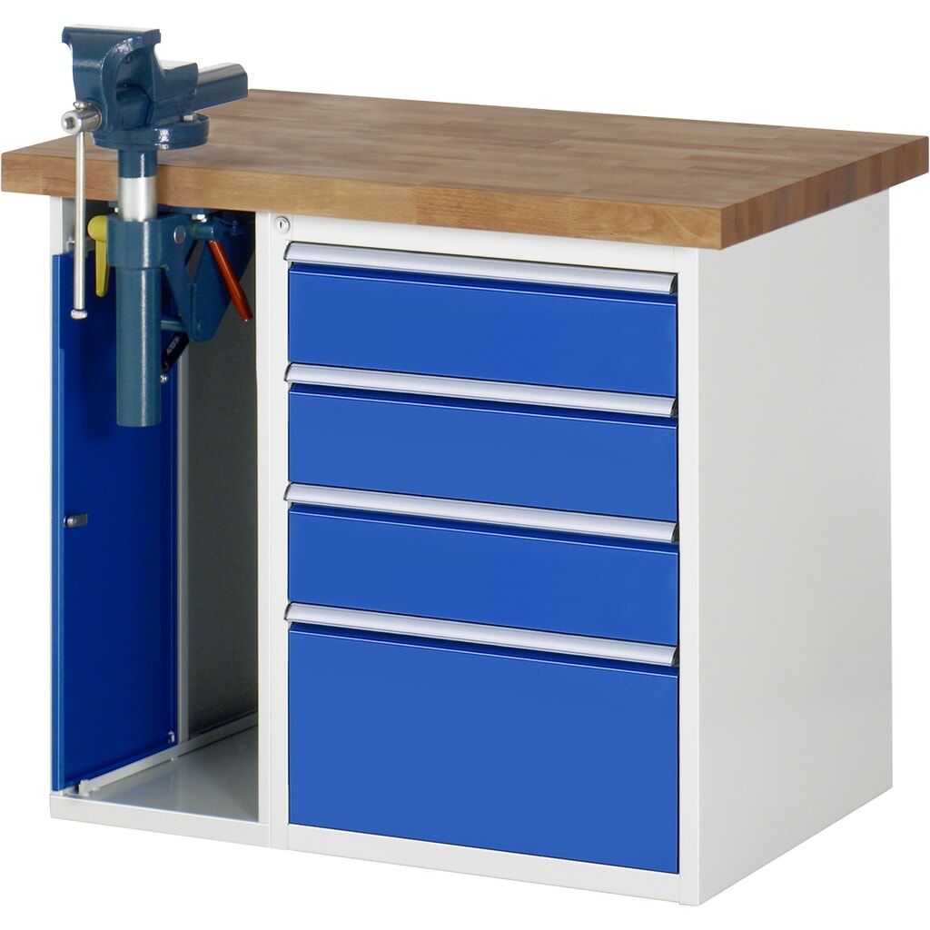 RAU Werkbank Serie 7000, 2 Container, SchraubstockHxBxT 890 x 1.000 x 700 mm, 4 x 90%-Auszug-Schubladen, Schubladen-TK 100 kg Produktabbildung: RAU Werkbank Serie 7000, 2 Container, SchraubstockHxBxT 890 x 1.000 x 700 mm, 4 x 90%-Auszug-Schubladen, Schubladen-TK 100 kg