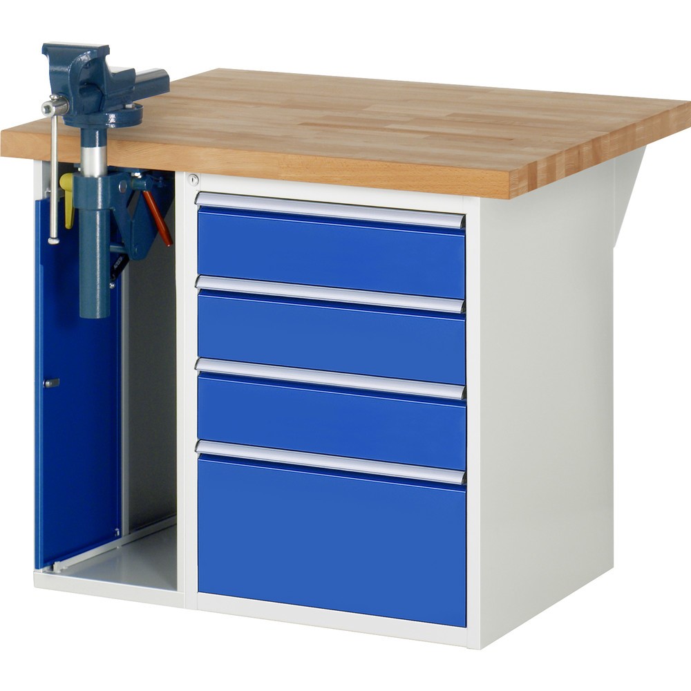 Produktabbildung: RAU Werkbank Serie 7000, 2 Container, SchraubstockHxBxT 890 x 1.000 x 900 mm,  4 x 90%-Auszug-Schubladen, Schubladen-TK 100 kg