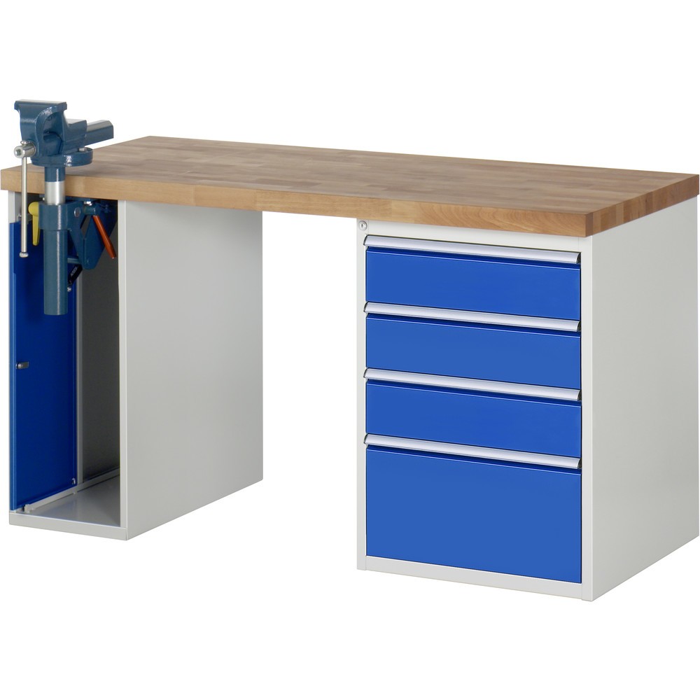 Produktabbildung: RAU Werkbank Serie 7000, 2 Container, SchraubstockHxBxT 890 x 1.500 x 700 mm,  4 x 90%-Auszug-Schubladen, Schubladen-TK 100 kg