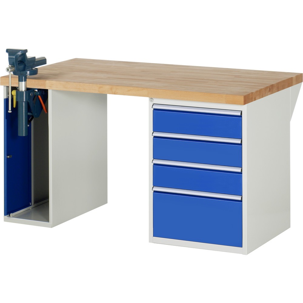 Produktabbildung: RAU Werkbank Serie 7000, 2 Container, SchraubstockHxBxT 890 x 1.500 x 900 mm,  4 x 90%-Auszug-Schubladen, Schubladen-TK 100 kg
