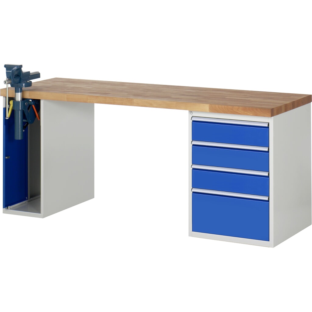 Produktabbildung: RAU Werkbank Serie 7000, 2 Container, SchraubstockHxBxT 890 x 2.000 x 700 mm,  4 x 90%-Auszug-Schubladen, Schubladen-TK 100 kg