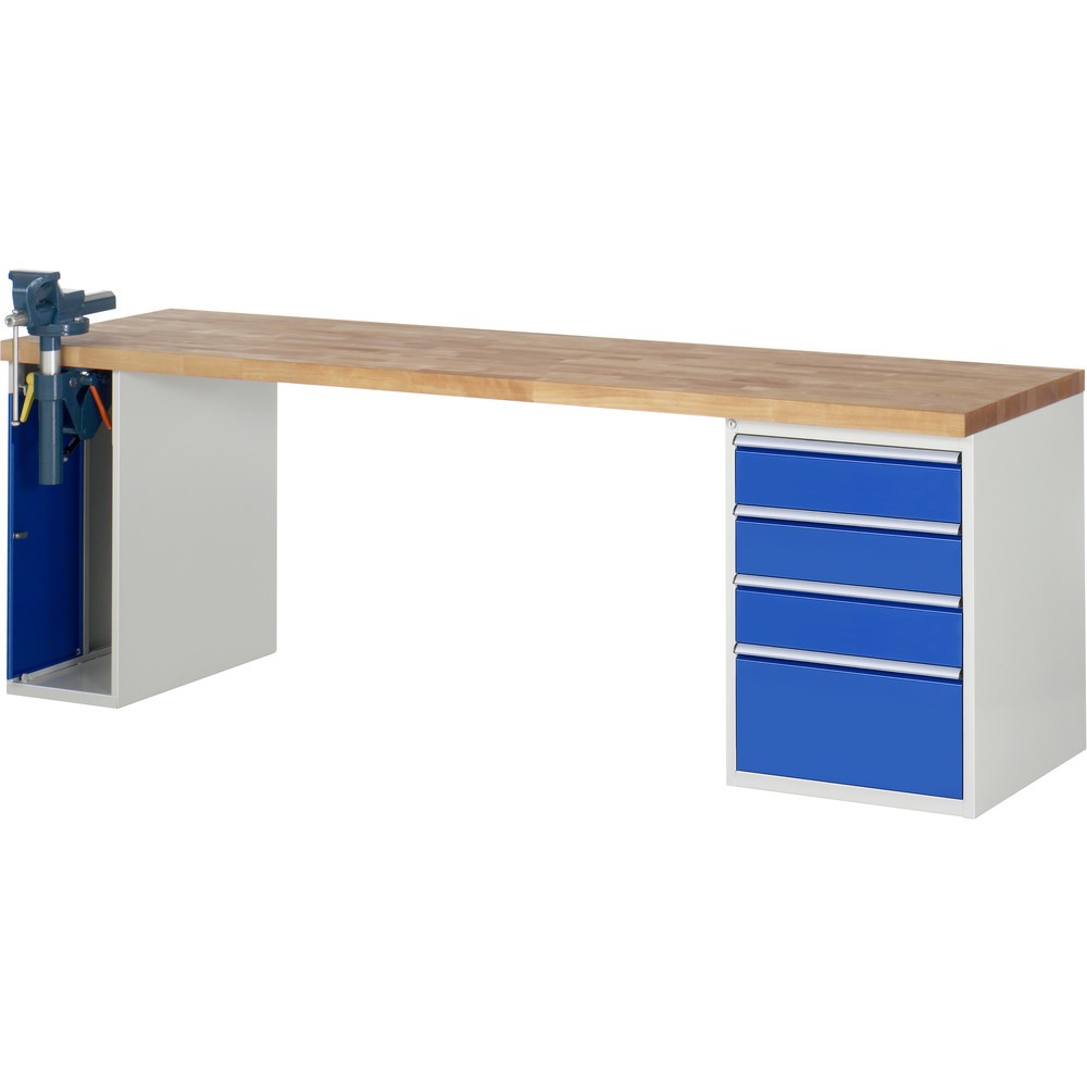 Produktabbildung: RAU Werkbank Serie 7000, 2 Container, SchraubstockHxBxT 890 x 2.500 x 700 mm,  4 x 90%-Auszug-Schubladen, Schubladen-TK 100 kg