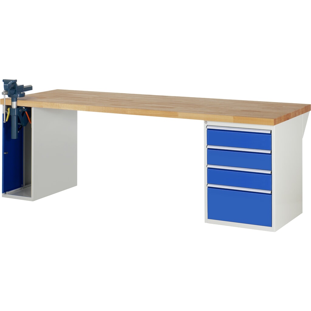 RAU Werkbank Serie 7000, 2 Container, SchraubstockHxBxT 890 x 2.500 x 900 mm, 4 x 90%-Auszug-Schubladen, Schubladen-TK 100 kg Produktabbildung: RAU Werkbank Serie 7000, 2 Container, SchraubstockHxBxT 890 x 2.500 x 900 mm, 4 x 90%-Auszug-Schubladen, Schubladen-TK 100 kg